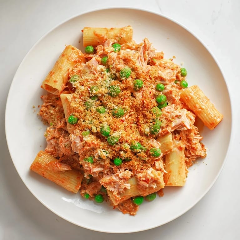 A comforting baked tuna pasta casserole with visible chunks of tuna and peas inside a creamy sauce.