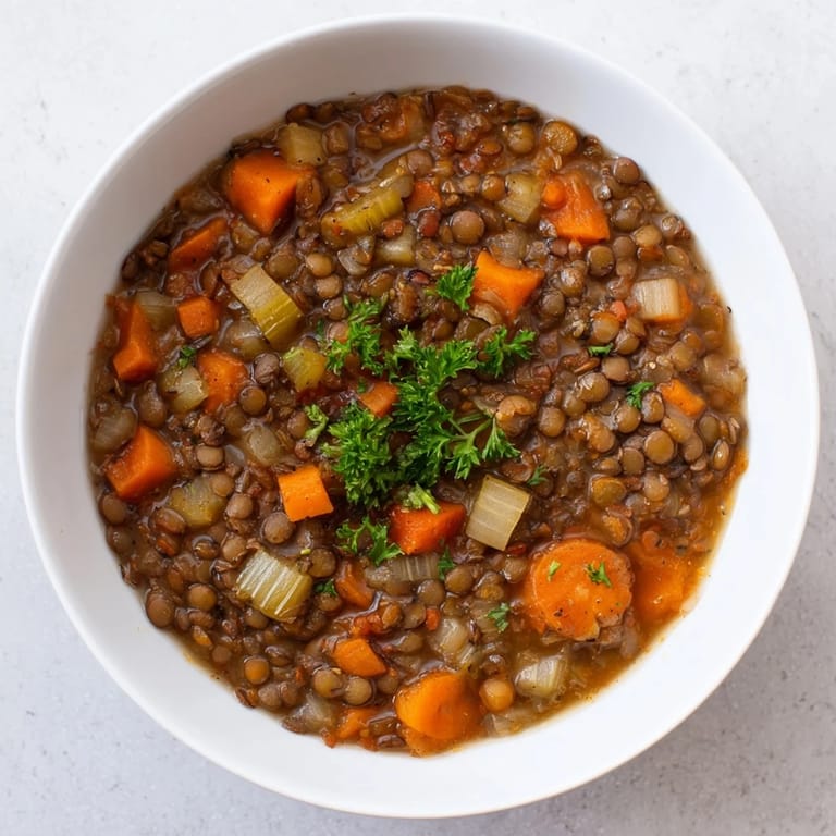 A close-up of hearty Lentil Soup, overflowing with carrots, celery, and savory spices.