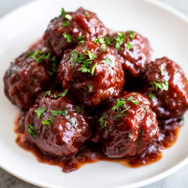 Plate of warm cherry BBQ meatballs, glistening from the slow cooker, ready to serve and enjoy.
