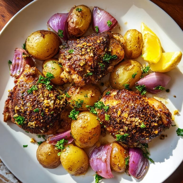 Enjoy the aromatic Sheet Pan Zaatar Chicken and potatoes, a gluten-free meal bursting with Middle Eastern flavors and textures.