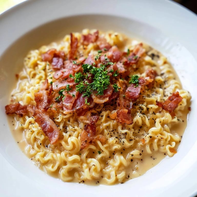 Homemade Instant Pot Carbonara Ramen, swirling with Parmesan cheese and savory bacon crumbles for a quick meal.