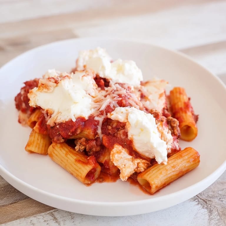 A close-up of creamy, cheesy slow cooker baked ziti, a comforting Italian-American pasta dish.
