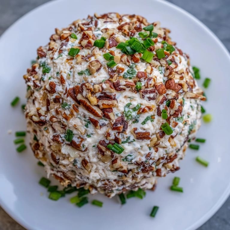 The creamy ranch-flavored Classic Cheese Ball, a party appetizer, rolled in chopped nuts.