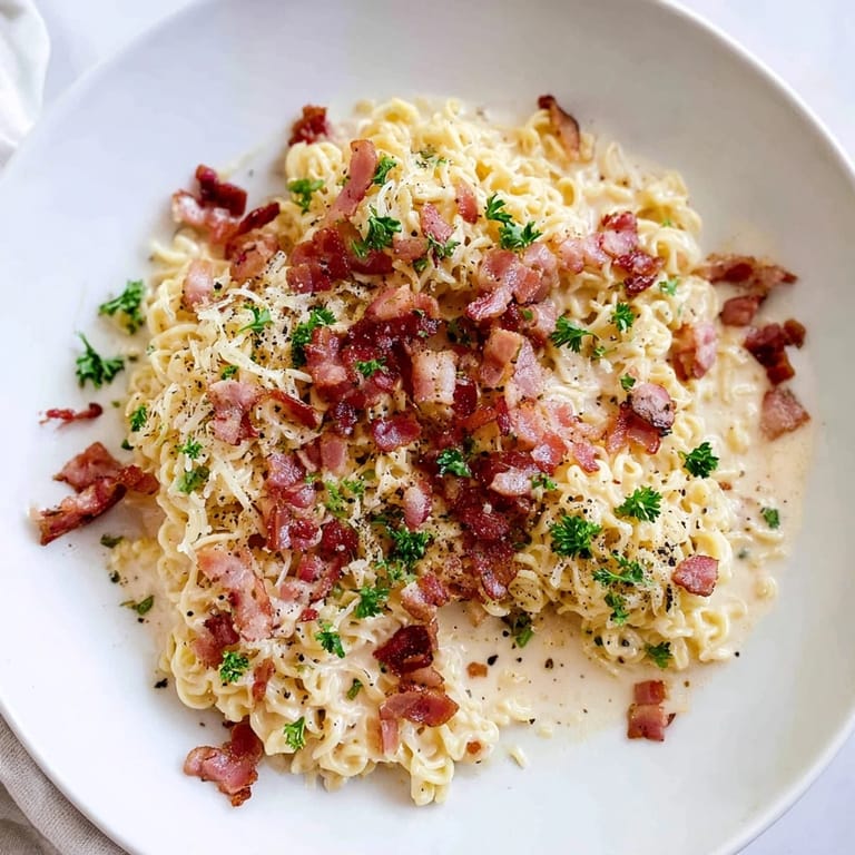 This delicious Instant Pot Carbonara Ramen Hack shows perfectly cooked noodles with a golden, creamy sauce.