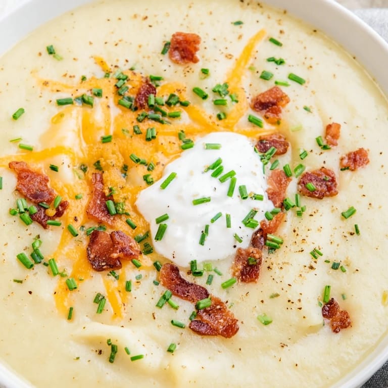 Homemade The Ultimate Baked Potato Soup, ready to eat, garnished with chives, inviting you in for a taste.