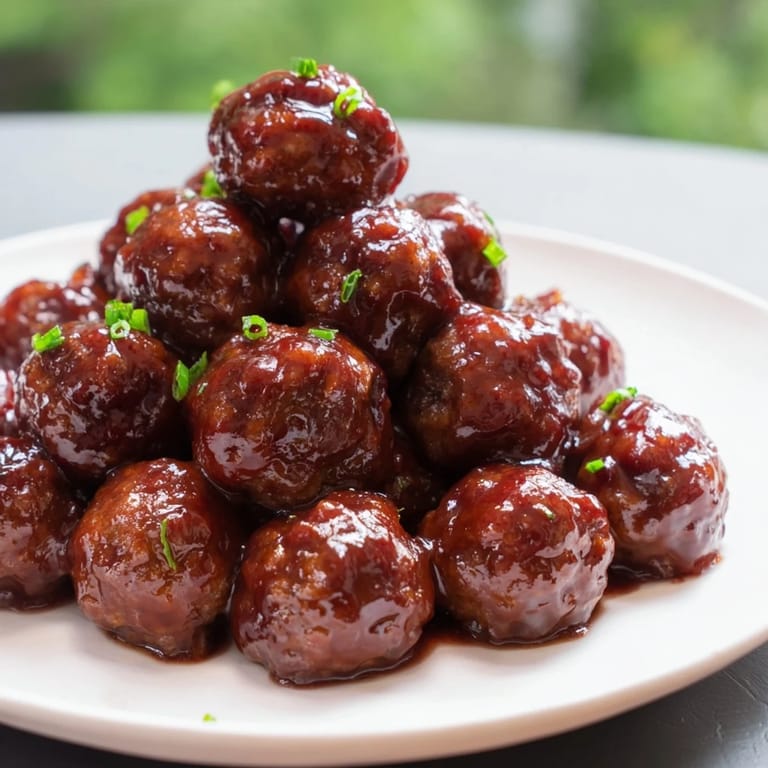 Appetizing close-up of baked cherry-glazed meatballs coated in a glossy, flavorful glaze.