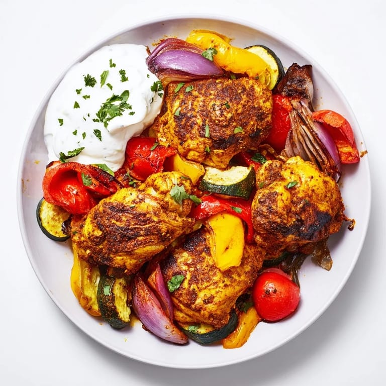 Vibrant Sheet Pan Chicken Shawarma featuring tender chicken thighs and colorful, flavorful vegetables for dinner.