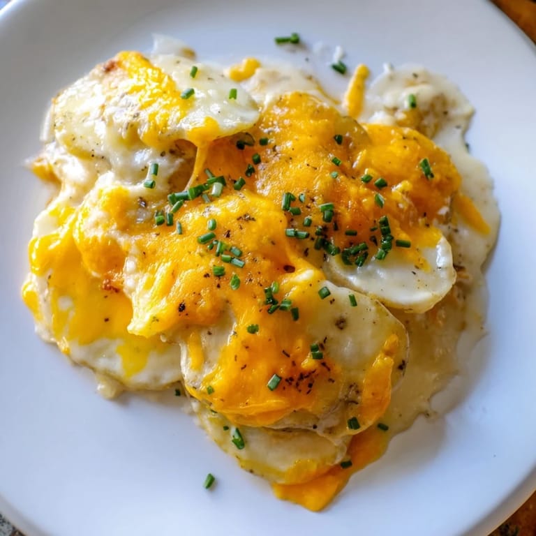 A close-up of creamy Cheesy Scalloped Potatoes, garnished with fresh chives, ready to serve with dinner.