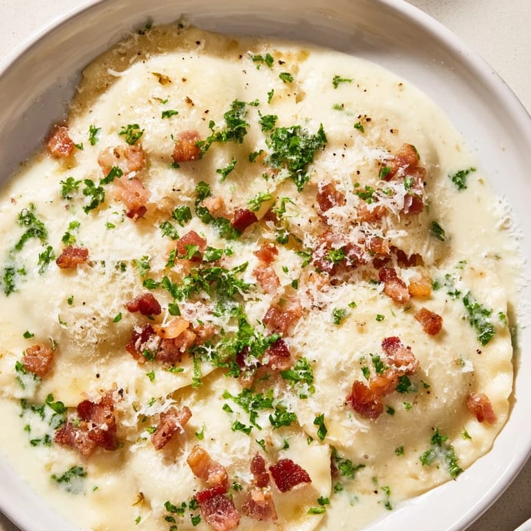 Close-up of Olive Garden Ravioli Carbonara: cheese ravioli coated in a luscious carbonara sauce for dinner.