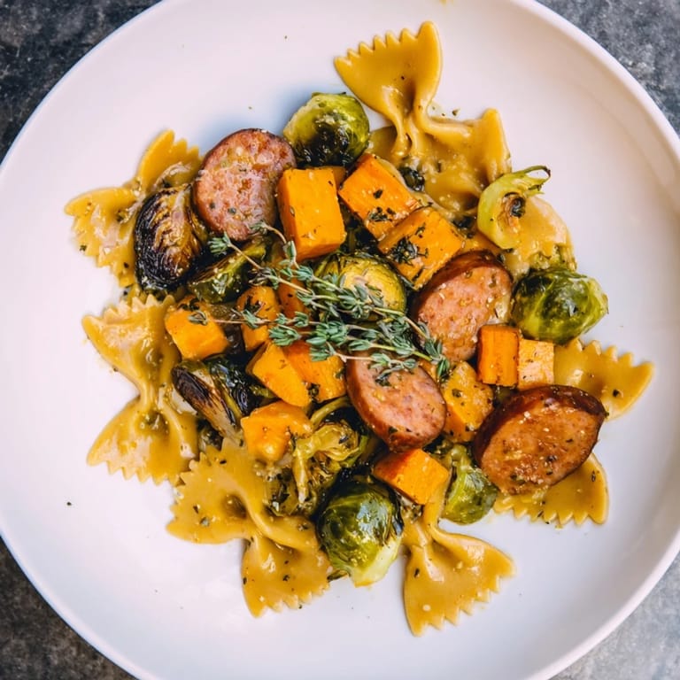 Flavorful Autumn Sausage Pasta Squash, beautifully plated and garnished with fresh thyme leaves.
