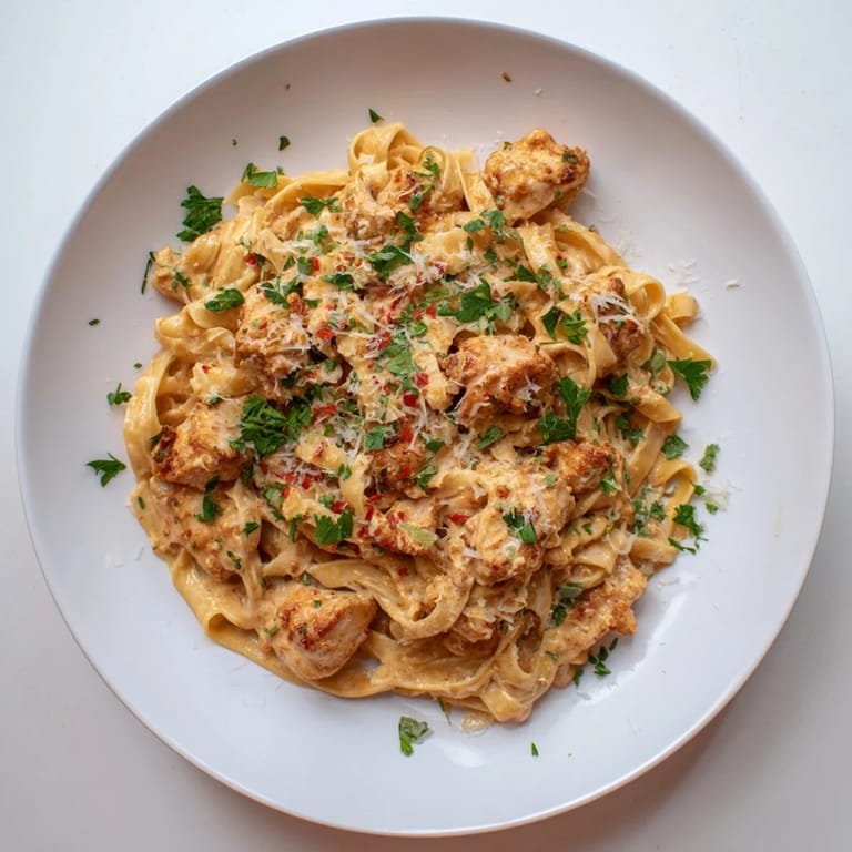 Vibrant Cowboy Butter Chicken Pasta, with fettuccine and chicken glistening under the light, promises a delightful meal.