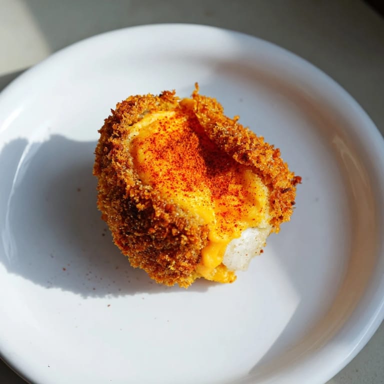 Close-up of a delightful Crispy Cheese-Wrapped Pickle Ornament, showcasing a crunchy exterior after frying.