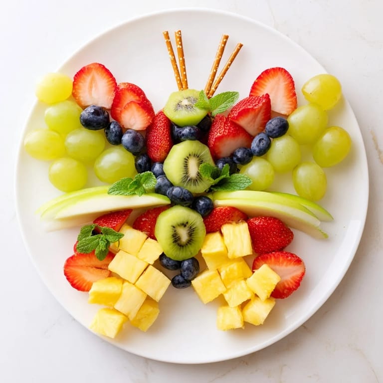 A whimsical Butterfly Fruit Tray, showcasing vibrant fruit pieces arranged in a fun butterfly shape.
