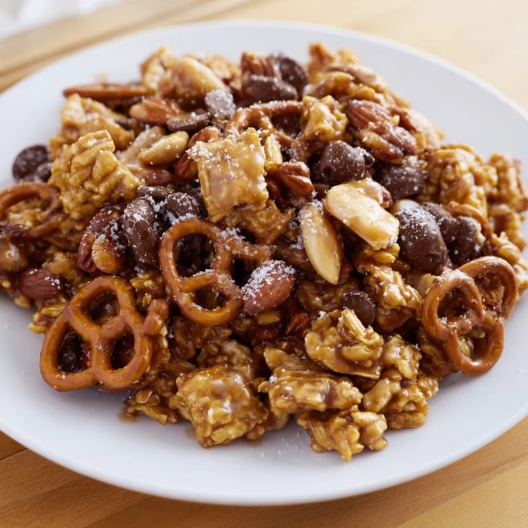 Golden-brown Festive Pine Cone Snack Mix, coated and sprinkled with mini chocolate chips and powdered sugar.