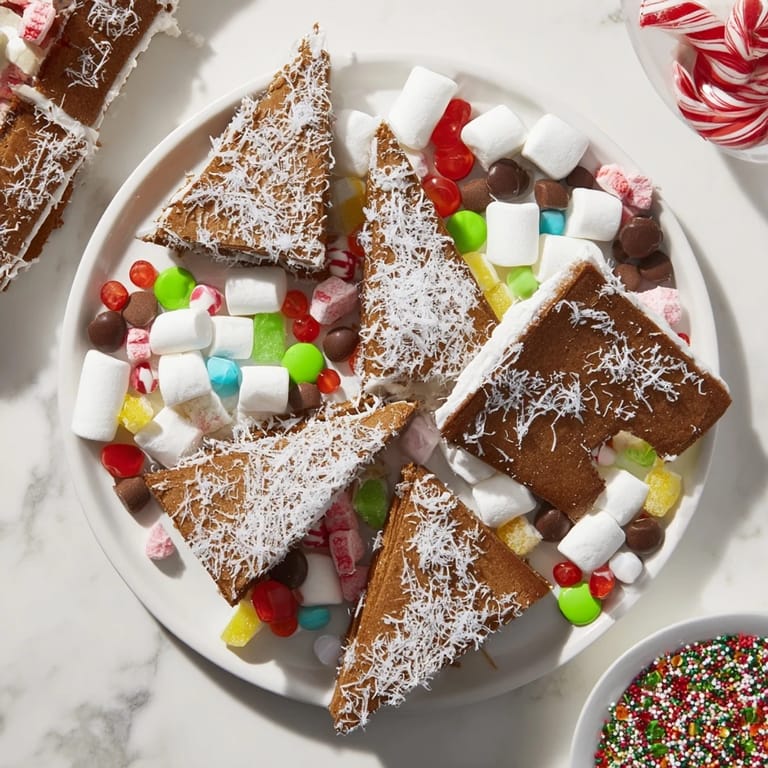 See the enticing details of this gingerbread house board, filled with gingerbread pieces, edible decorations, and inviting treats.