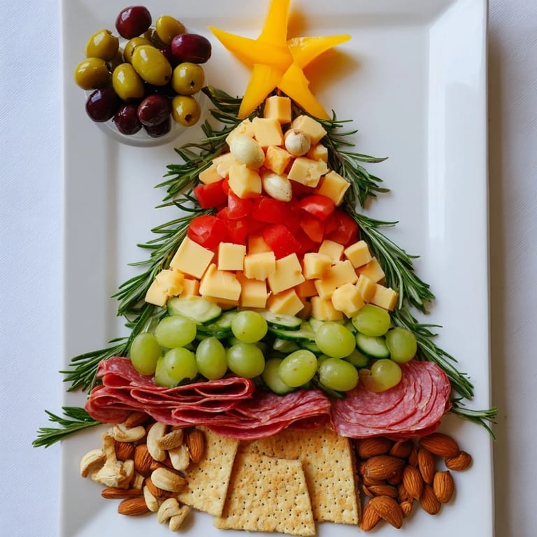Arranging a delicious Christmas Tree Snack Board: cheeses, crackers, and olives on a holiday platter.