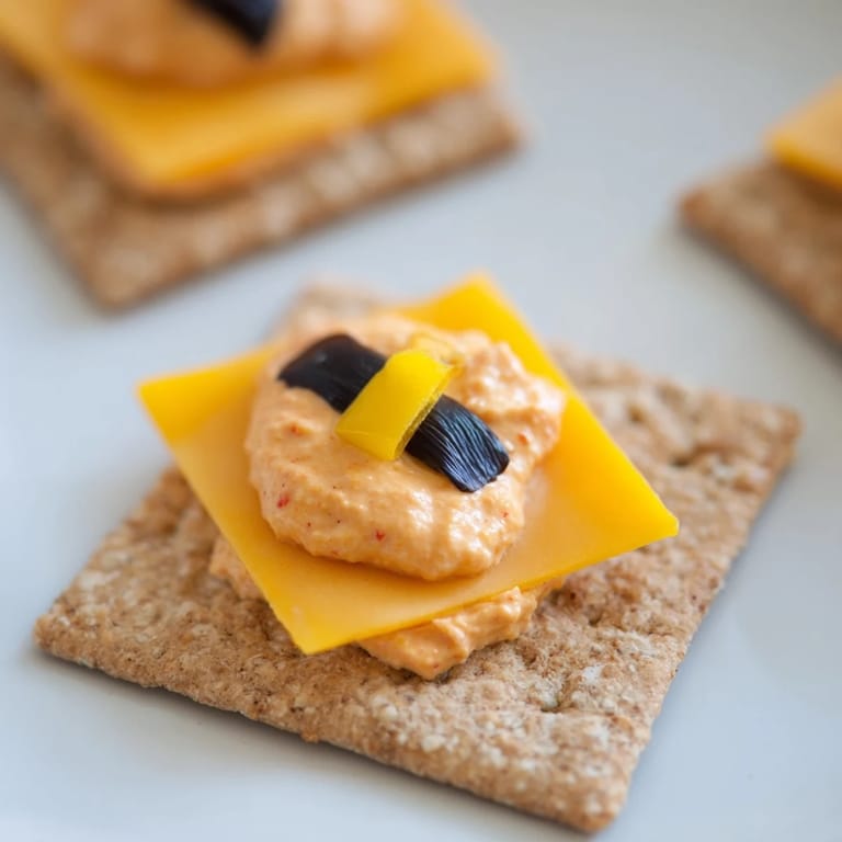 Close-up of baked Santas Belt Crackers & Dip, cheese melted atop crackers, awaiting the holiday feast.
