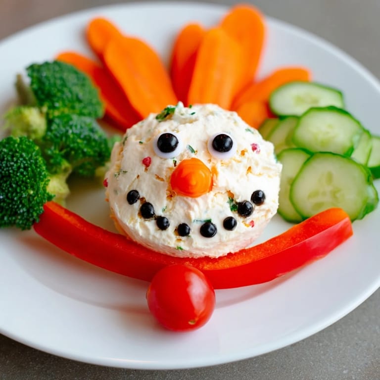 Bright platter with a Snowman Veggie Dip, carrots, olives, and red pepper for a fun appetizer.