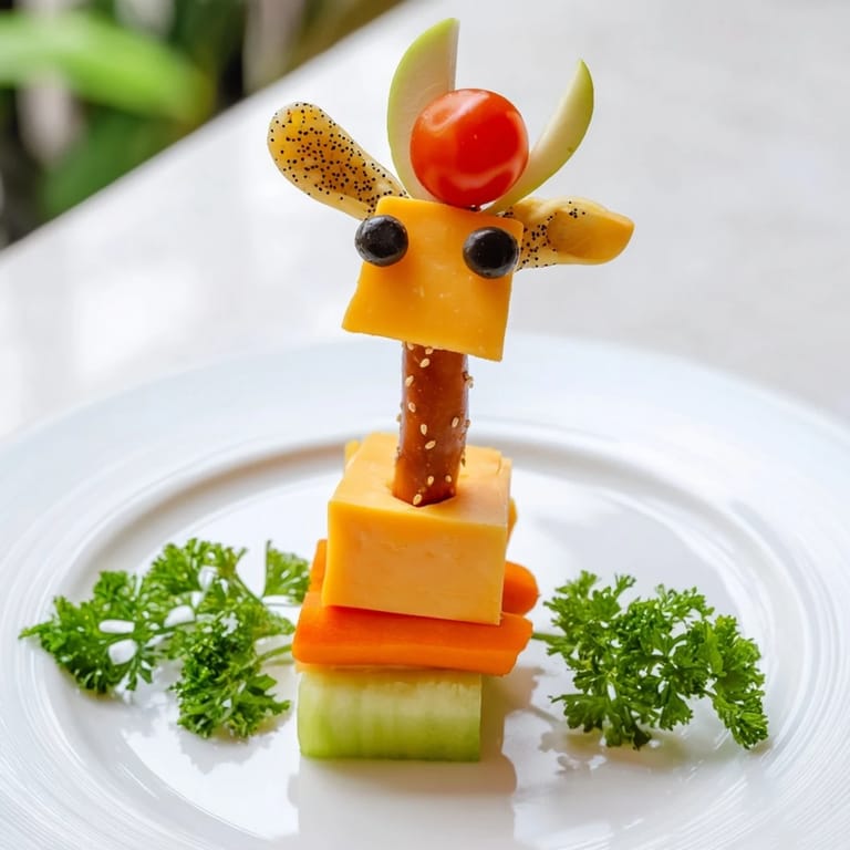 A fun-filled close-up of "Long-Necked Giraffe Snack Towers," showcasing the adorable pretzel necks and olive eyes.