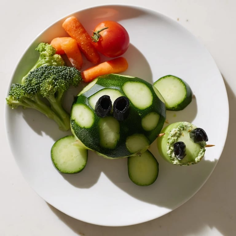 A colorful platter showing whimsical Slow & Savory Turtle Crudités, a healthy and fun appetizer everyone will love.