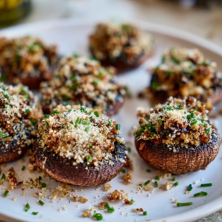 Close-up of baked Enchanted Forest Mushroom Nibbles, garnished with fresh chives, a flavorful vegetarian appetizer.
