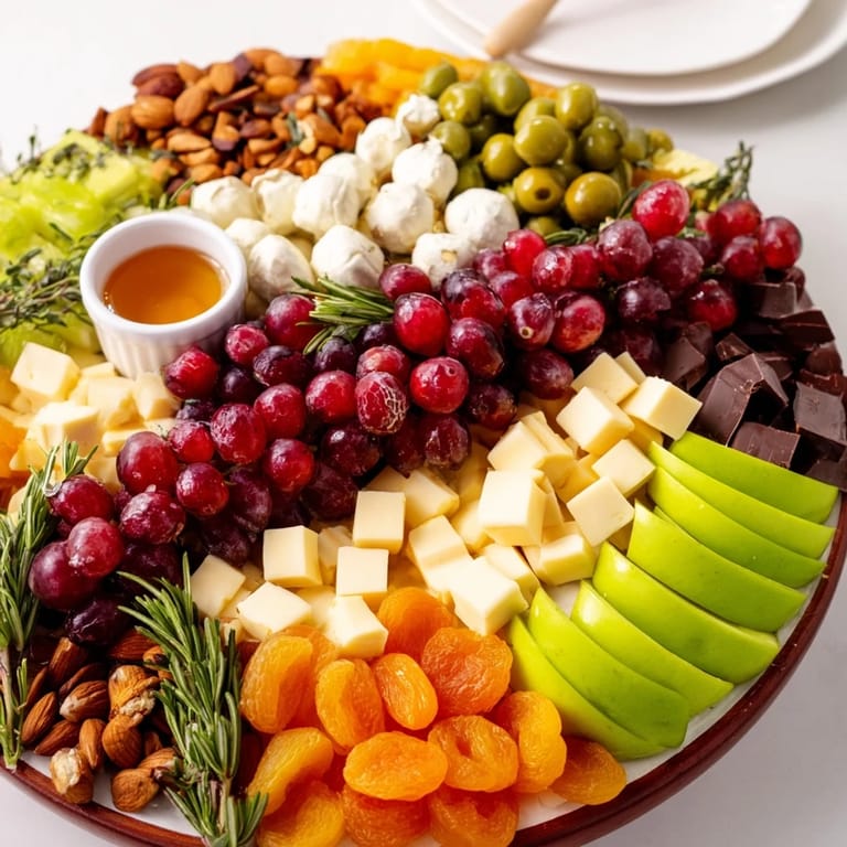 This festive Cranberry Joy Tree Board showcases cubed cheeses, red grapes, and fresh cranberries, forming a delicious appetizer.