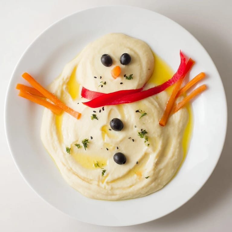 Bright image of a Melted Snowman Hummus Platter, featuring carrot arms and a bell pepper scarf.