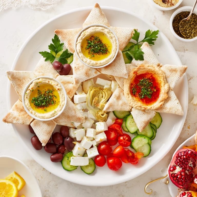 Enjoy a vibrant Three Kings Star Pita Board, showcasing star-shaped pita, dips, and Mediterranean flavors, perfect for sharing.