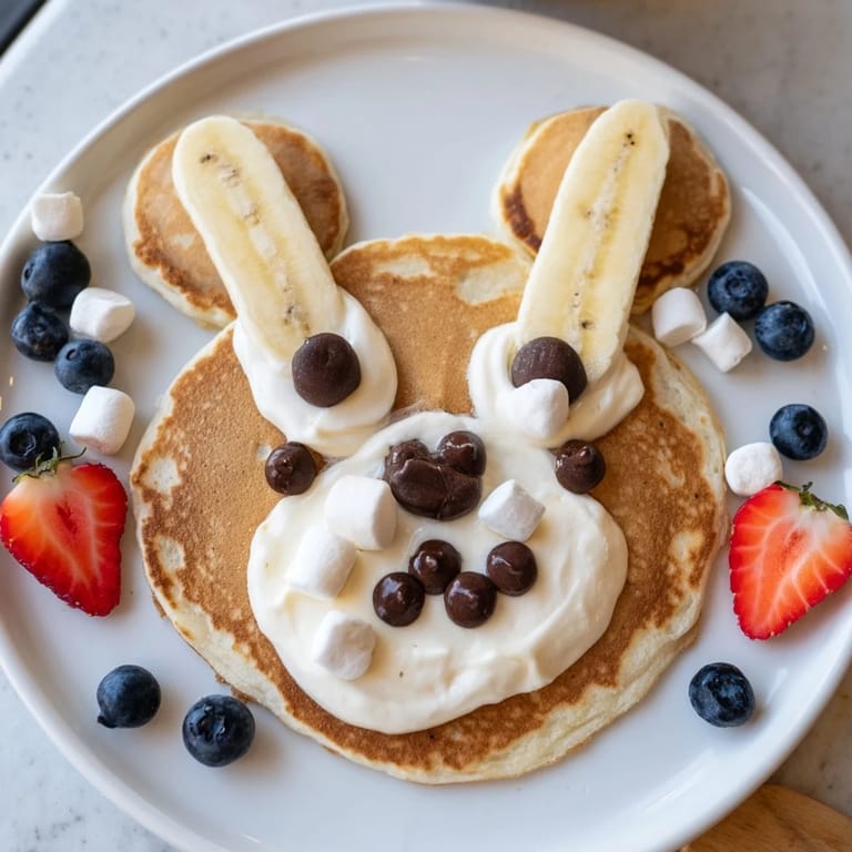 Golden, stackable Polar Bear Pancakes, a playful brunch board with fresh blueberries and whipped cream.