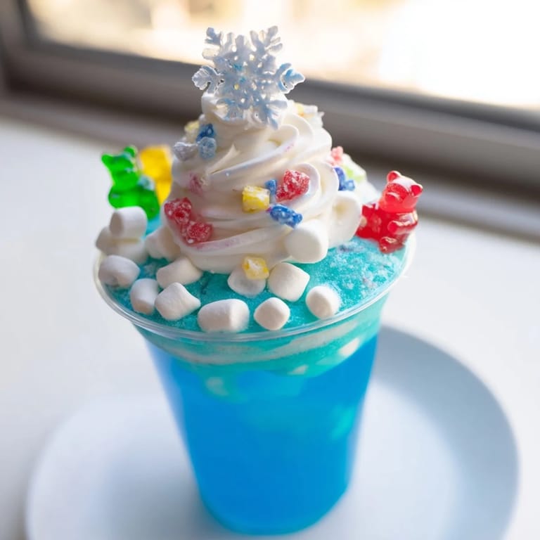 A close-up of finished snow globe Jello cups showcasing layered blue gelatin and colorful candies, a perfect dessert.