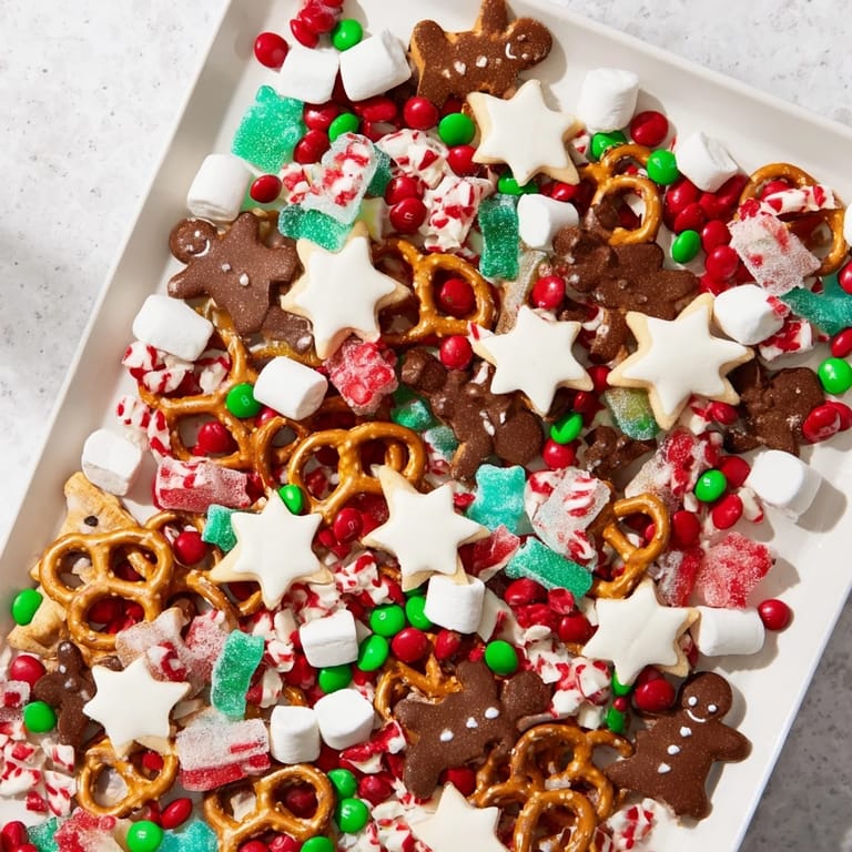 A close-up shot of a Santa's Sack Candy Avalanche arranged on a wooden board, showcasing sweet and salty flavors.