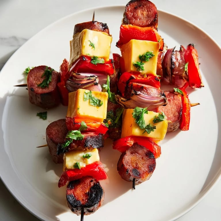 Smoky Savory Skewers: Chimney Stack Sausage and Cheese, ready to eat with grilled sausage, vegetables, and oozing cheese.