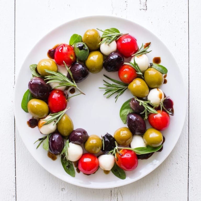 A stunning appetizer wreath showcases bright red cherry tomatoes and olives, ready for easy entertaining.