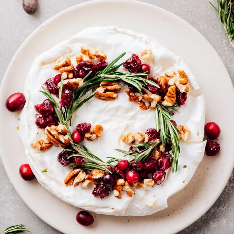 Creamy Brie Cheese Wheel garnished with fresh rosemary and bright cranberries, ideal for a holiday appetizer.