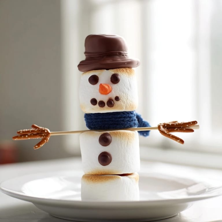 Homemade Marshmallow Snowman Stick Arrangement: Three puffy marshmallows become a snowman with pretzel arms, a fun winter dessert.