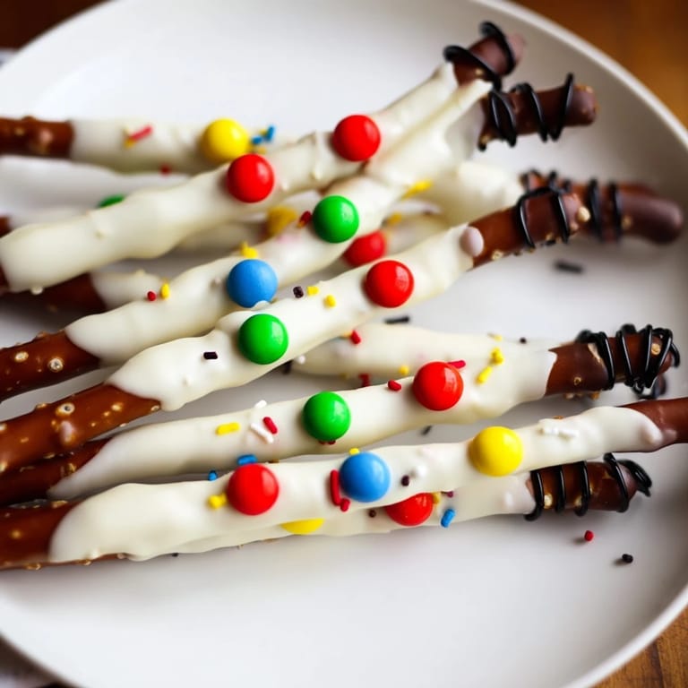 Close-up of delicious No-Bake Christmas Pretzel Sticks: light-shaped candy melts and sprinkles.
