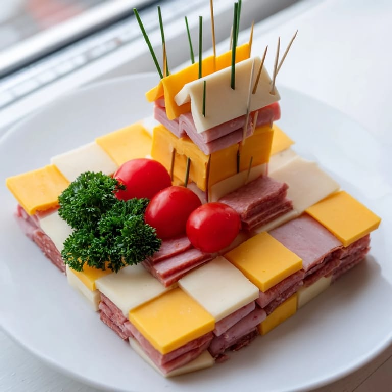 Enjoy the delicious flavors of The Checkerboard Chalet, a visually stunning appetizer ready to serve.