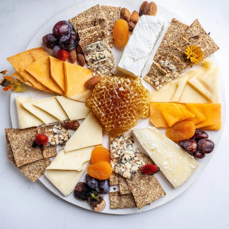Elegant, edible The Gilded Hive appetizer showing cut cheeses, crackers, and honeycomb ready to serve.
