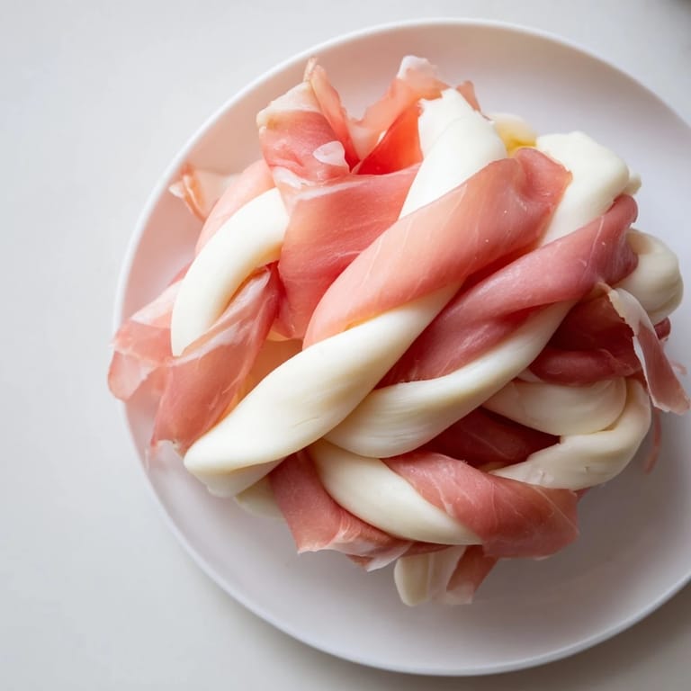 Close-up of the fully assembled Nautical Knot recipe, showcasing the braided cheese and prosciutto.