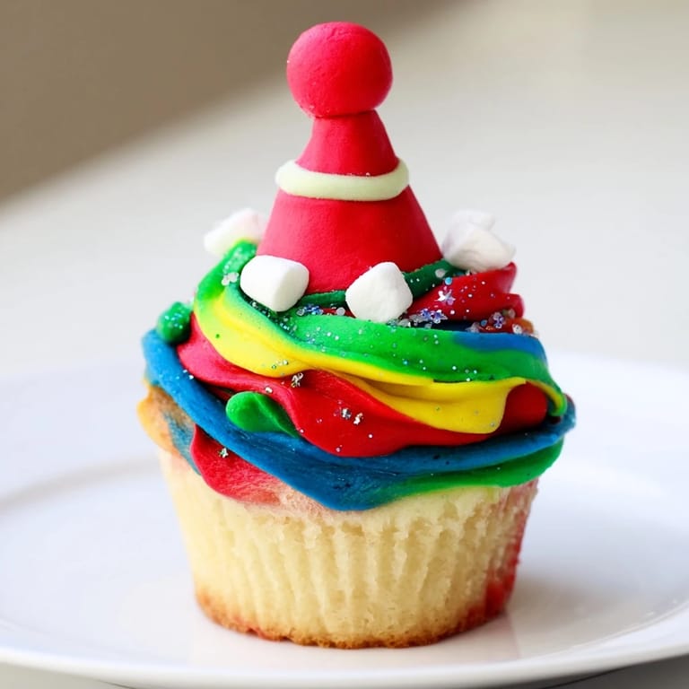 These charming Elf Hat Cupcake Tower cupcakes feature a swirl of frosting and whimsical fondant hats perfect for any holiday.