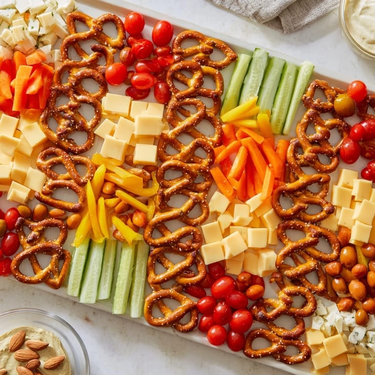 A visually stunning The Urban Grid appetizer with colorful cheese cubes, meats, and crunchy pretzel "streets."