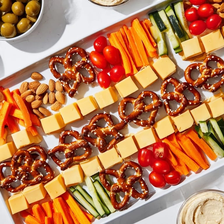 Enjoy a delicious The Urban Grid, perfect party snack: a grid of pretzels filled with tasty treats.