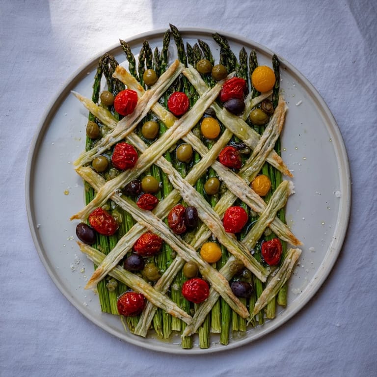 Close-up of "The Botanical Lattice," a gluten-free appetizer featuring asparagus and juicy summer berries.
