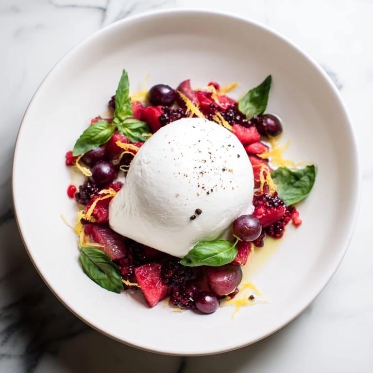 Vibrant image of Moonlit Lagoon salad, with a burrata moon surrounded by fruit and basil.