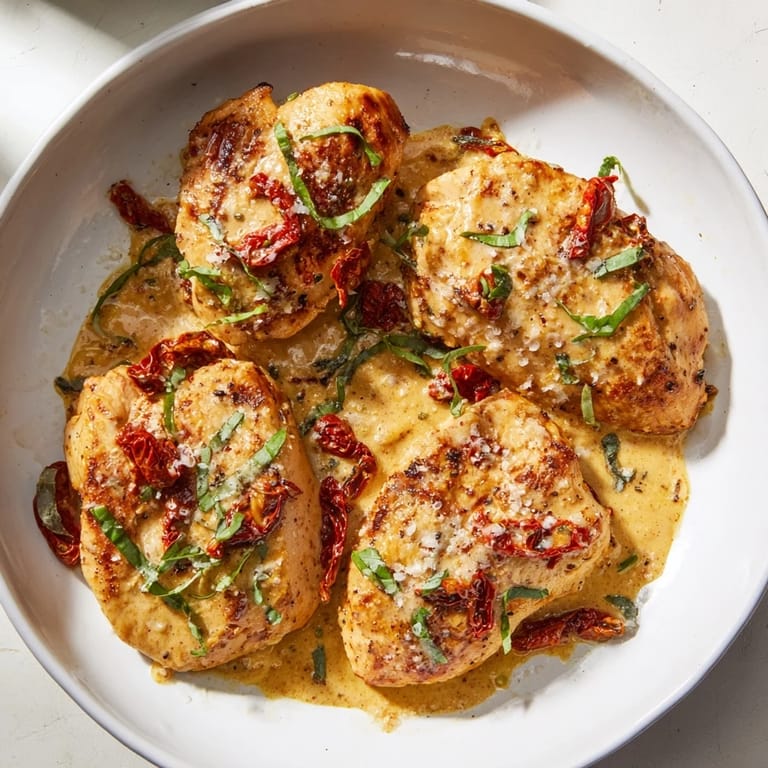 Golden chicken breasts bathed in a flavorful Creamy Sun-Dried Tomato Chicken Skillet sauce, ready to serve.