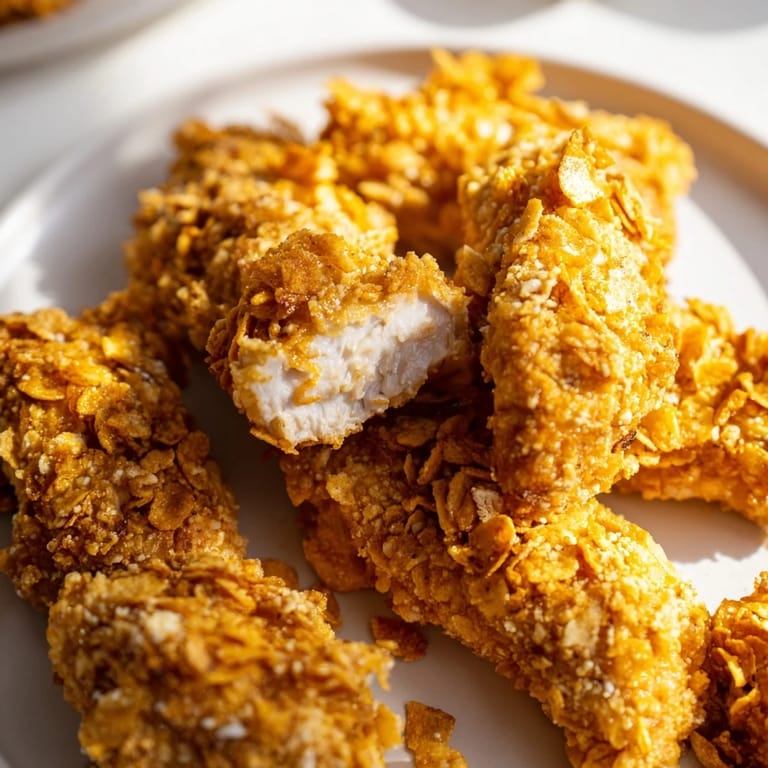 Freshly cooked crispy onion chip chicken tenders, showing the satisfying crisp texture and savory flavors.