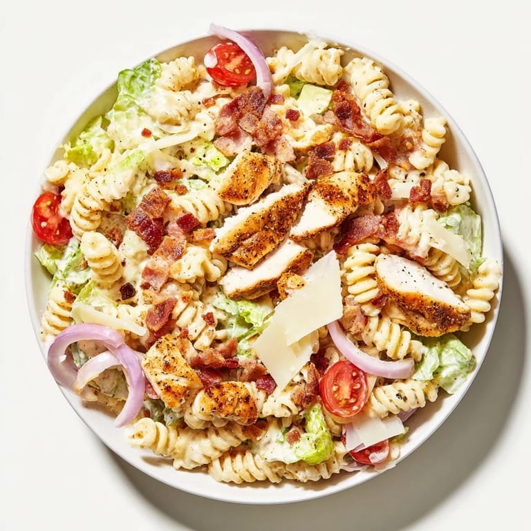 This Chicken Caesar Pasta Salad showcases tender chicken, vibrant tomatoes, and a savory Caesar dressing.