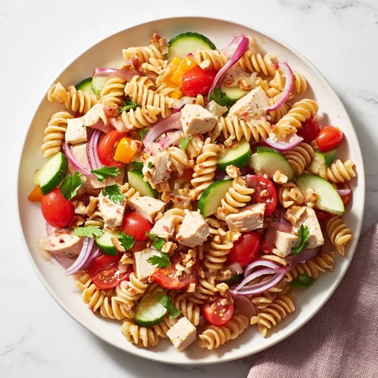 Close-up of a bowl filled with Pasta Salad with Cranberry Vinaigrette, drizzled with tangy dressing and herbs.