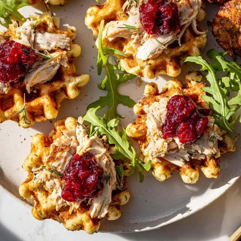 Perfectly cooked Stuffing Waffle Chicken Sliders, with juicy chicken filling and a vibrant cranberry sauce drizzled on top, tempting everyone.