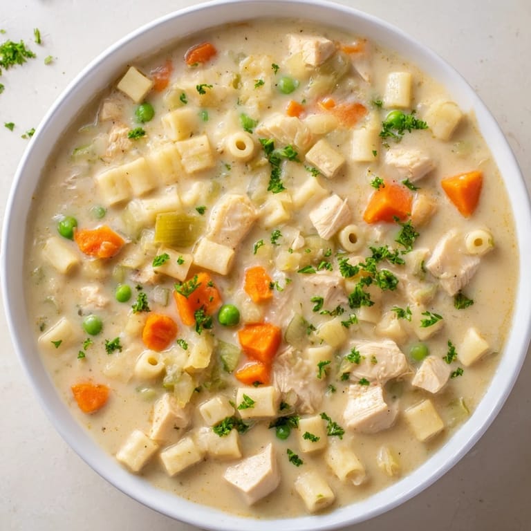 A hearty bowl of Chicken Pot Pie Pasta Soup with visible vegetables and delicious broth, ready to eat.